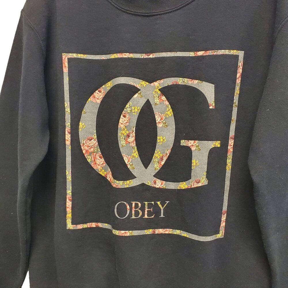 OBEY Sweater Adult Small Black OG Box Logo Spell Out Floral Pullover Streetwear - Picture 2 of 6